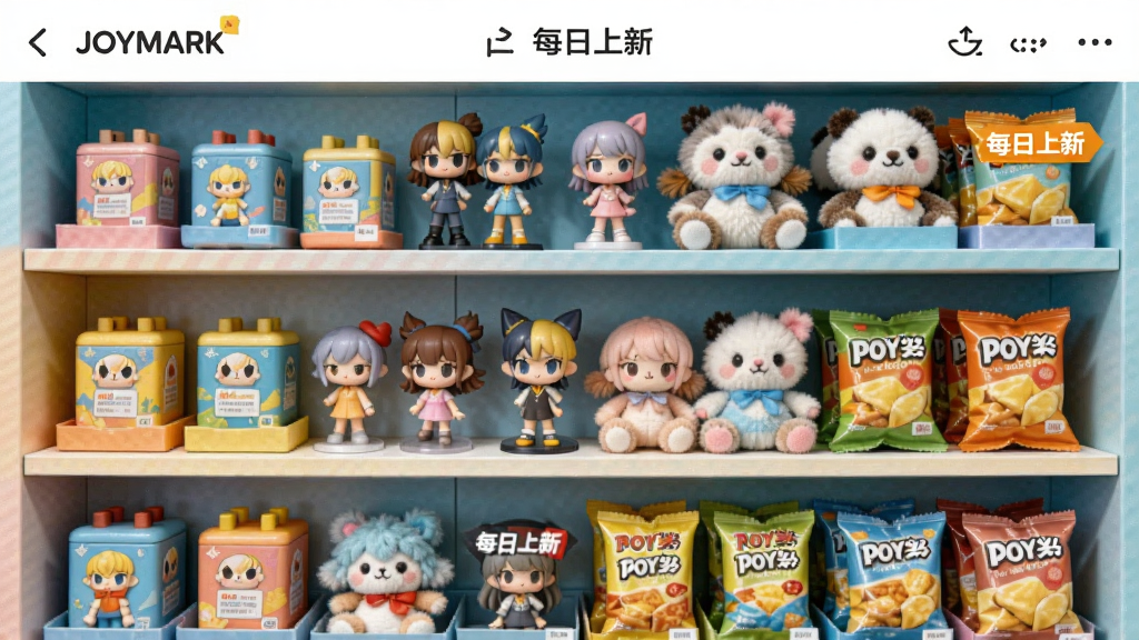 JOYMARK应用内奖品展示区,货架上摆满了各种盲盒、手办、毛绒玩具和零食,色彩鲜艳,排列整齐,画面中有“每日上新”的标签,整体风格清新活泼,画质高清干净