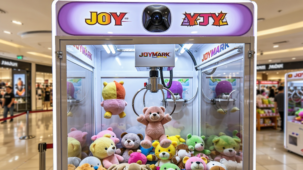 一台真实的JOYMARK娃娃机内部摆放着各种毛绒玩具,机器上方有高清摄像头,画面中可以看到机械爪正在抓取一个粉色小熊,背景是明亮的商场环境,画面清晰,细节丰富,画质干净