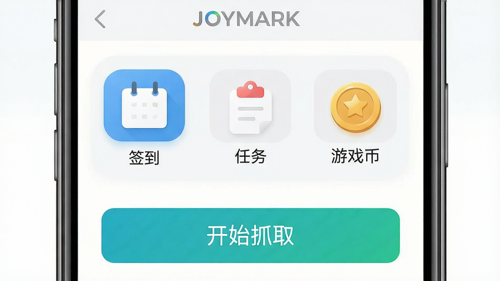 一张手机截图展示JOYMARK应用的用户界面,页面中有“签到”、“任务”、“游戏币”等图标,下方有“开始抓取”按钮,背景为浅色,界面简洁清晰,画质高清干净