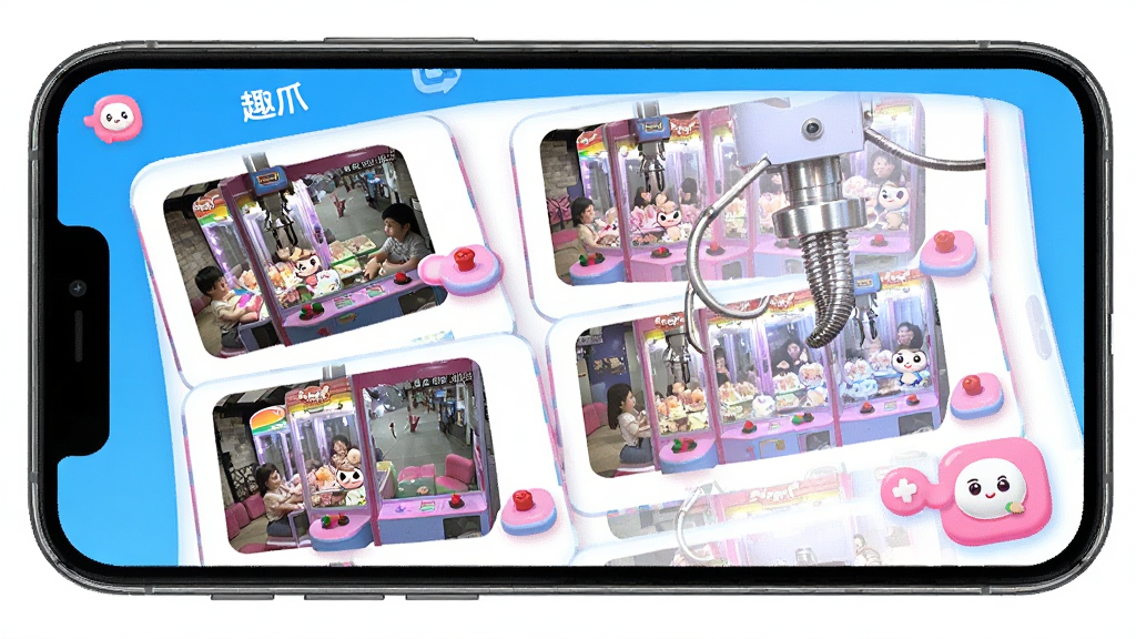 趣爪星球应用主界面预览图,展示手机屏幕中正在运行的趣爪星球app,界面清晰显示多台娃娃机列表,每台机器都有实时监控画面缩略图,用户点击即可进入操控界面。整体布局简洁明快,以明亮的蓝色和粉色为主色调,图标圆润可爱,画质高清,干净无多余元素,突出app的趣味性和现代感。