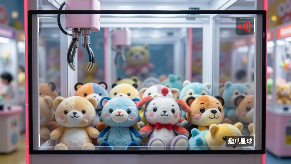 趣爪星球高清实时画面展示,屏幕中显示娃娃机内部特写,多个可爱的毛绒玩具整齐排列,画面清晰锐利,色彩还原真实,角落有实时视频信号标识,背景虚化,整体风格明亮通透,画质细腻,干净无多余元素,突出高清画质带来的真实视觉体验。