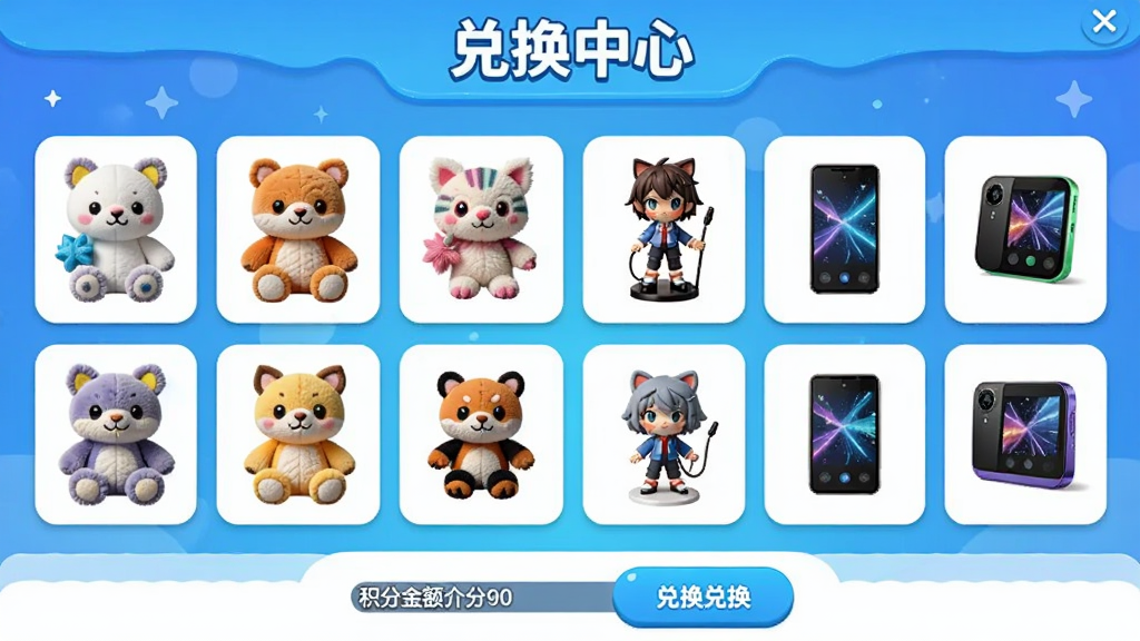 趣爪星球奖品兑换商城界面,展示多种精美的毛绒玩具、手办和电子产品,排列整齐,背景为渐变蓝色,界面顶部有“兑换中心”字样,底部有积分余额和兑换按钮。整体风格清新活泼,色彩丰富,画质清晰,干净无多余元素,突出奖品的多样性和兑换的便捷性。