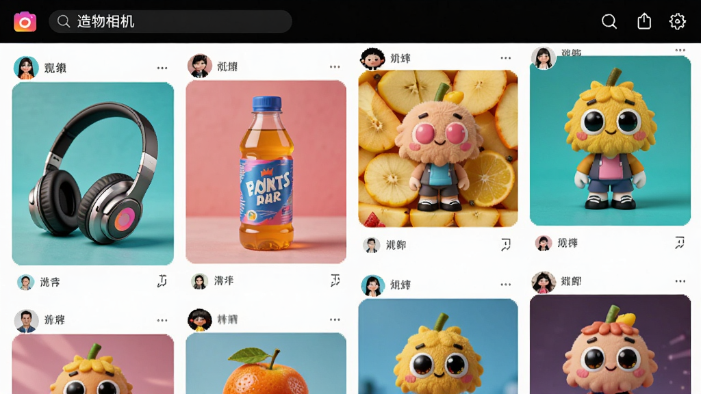 展示造物相机APP社区界面的截图,画面采用瀑布流布局,展示多个用户分享的由日常物品(如耳机、饮料瓶、水果)生成的潮玩角色图片,界面设计时尚,色彩丰富,顶部有搜索栏和“造物相机”字样,整体氛围活跃,画质清晰。
