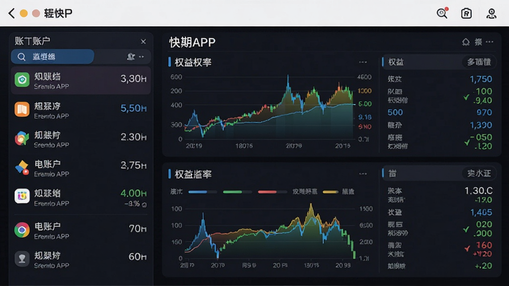 快期APP多账户监控界面,左侧显示账户列表,右侧展示各账户权益与持仓明细,图表配色鲜明,数据清晰可读,手机界面布局合理,画质高清,干净无多余元素