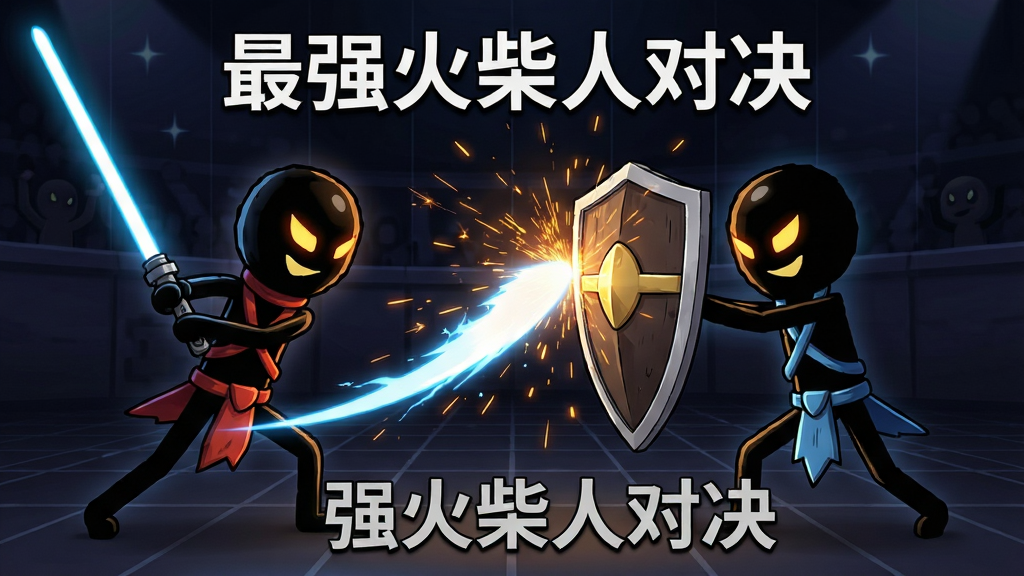 画面主体为两个火柴人战士在竞技场中激烈对决,左侧火柴人手持光剑挥砍,右侧火柴人举盾格挡,周围有火花和能量特效。布局采用中心对称构图,突出战斗张力。排版简洁,背景为深色渐变网格竞技场。风格为动漫渲染,细节丰富,强调动态光影。画质高清,干净无多余元素,画面文字加“最强火柴人对决”字样。