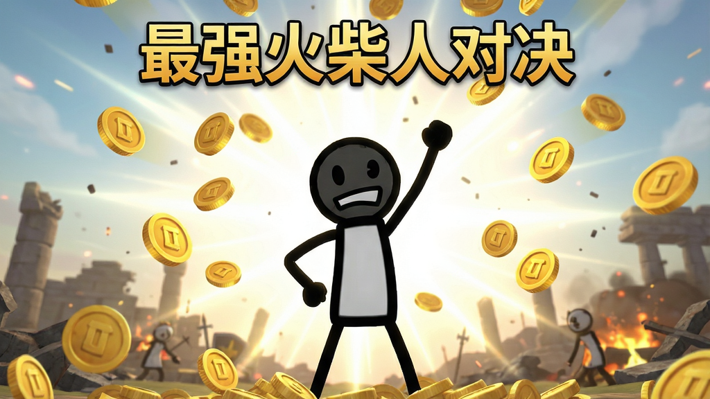 画面主体为火柴人角色在战斗胜利后,空中散落大量金币,角色做出胜利姿势。布局采用仰视视角,突出金币的丰富感。排版简洁,背景为明亮的光效和战场残骸。风格为游戏内截图美化,细节丰富。画质高清,干净无多余元素,画面文字加“最强火柴人对决”金币收获。
