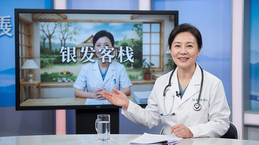 一位和蔼的女医生在明亮的演播室里,身后大屏幕上显示