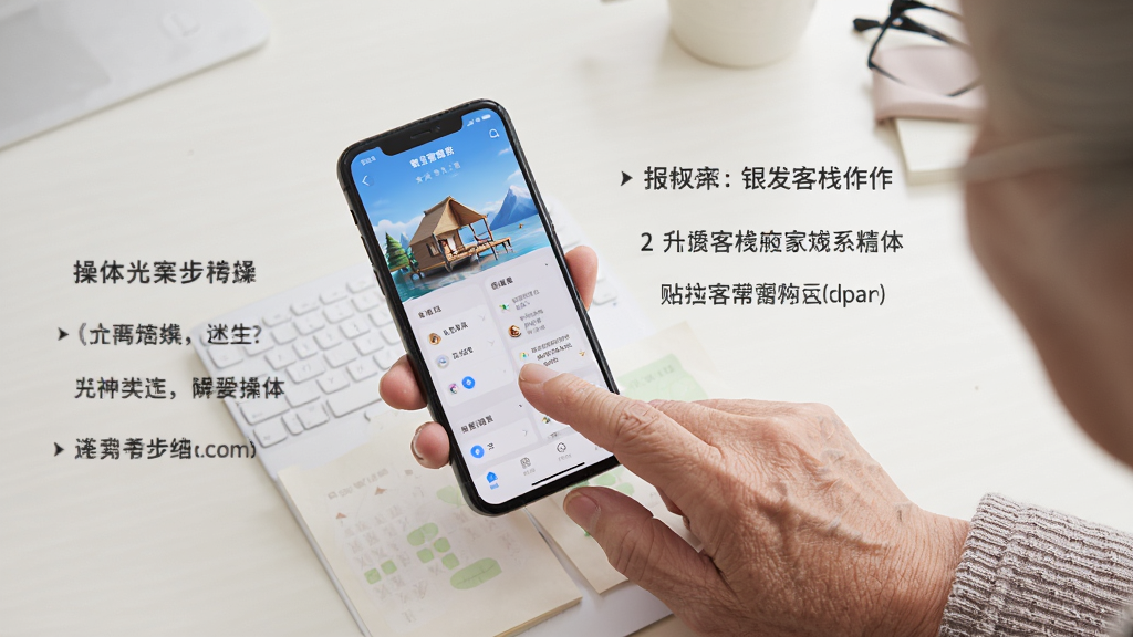 一位老年用户正在使用手机学习银发客栈的操作,手机屏幕显示APP主界面,旁边有操作步骤的文字提示。构图采用俯拍视角,突出手机屏幕和用户手指的点击动作,背景是整洁的桌面,风格清晰实用,画质干净无多余元素。