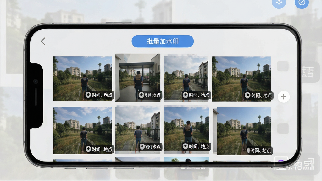 主体:水印相机智能拍照App的批量处理界面,屏幕显示多张照片缩略图,每张照片右下角都有水印。布局:手机屏幕居中,背景为浅灰色。排版:照片以网格形式排列,上方有“批量加水印”按钮。风格:简洁实用。细节:照片中的水印内容为“时间、地点”,清晰可见。画质:高清,干净无多余元素。