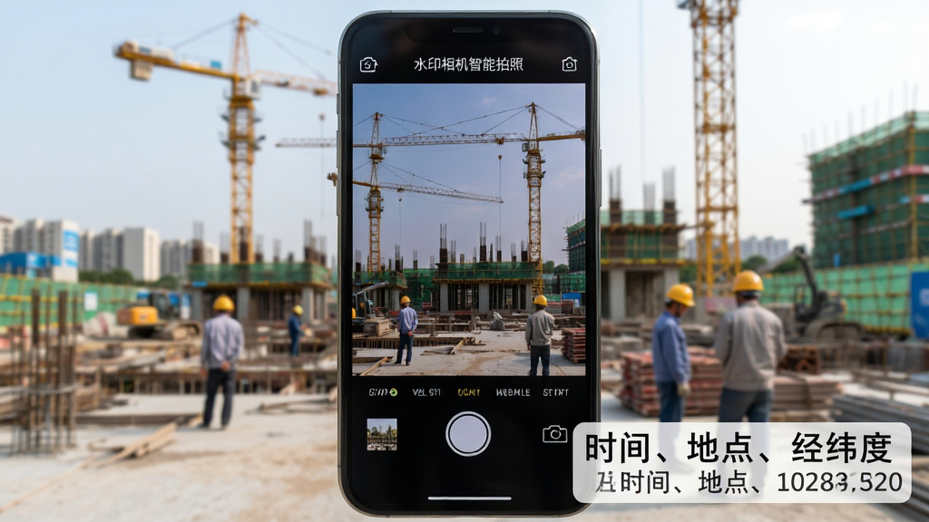 主体:手机拍照界面,右下角显示固定水印,水印内容为“时间、地点、经纬度”,水印样式为白色半透明底黑色文字。布局:手机屏幕居中,背景为室外工地场景,有塔吊和工人。排版:水印位于屏幕右下角,清晰可见。风格:写实风格,色彩自然。细节:屏幕顶部显示“水印相机智能拍照”字样,画面清晰。画质:高清,干净无多余元素。