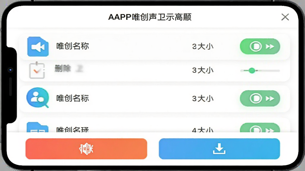 唯创声卫示APP语音文件管理界面截图,展示文件列表和操作按钮,列表项包含文件名、大小和播放状态,底部有删除和下载按钮,界面采用卡片式设计,背景为白色,图标色彩鲜明,画质清晰,无多余元素