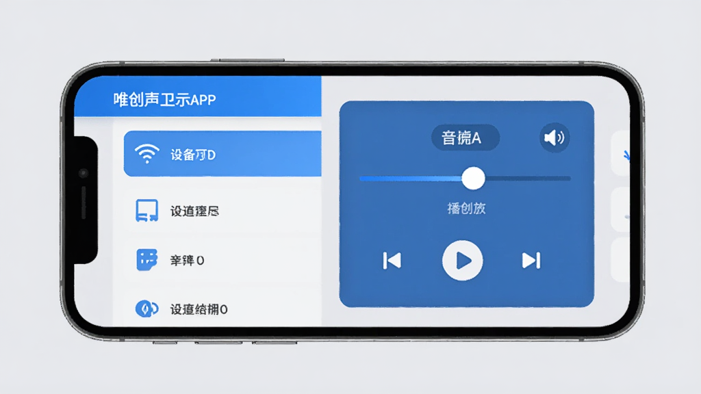 唯创声卫示APP主界面预览图,展示手机连接语音提示器设备的管理界面,界面风格简洁现代,以蓝色为主色调,左侧显示设备列表,右侧展示音量调节和播放控制面板,背景为浅灰色,整体布局清晰,画质干净,无多余元素