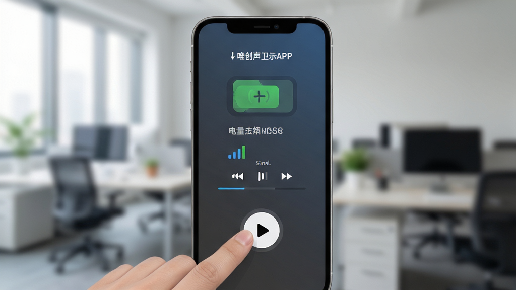 唯创声卫示APP连接设备成功界面,手机屏幕上显示设备电量、信号强度和播放状态,用户手指点击播放按钮,背景为模糊的办公室环境,画面聚焦,画质干净,无多余元素