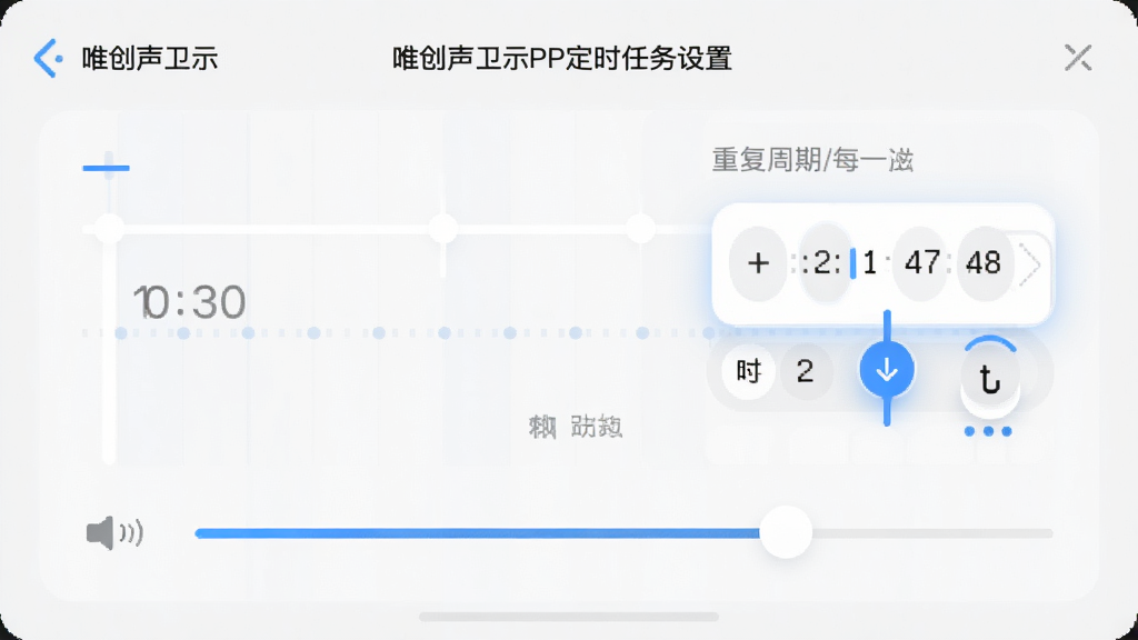 唯创声卫示APP定时任务设置界面,展示时间轴和重复周期选择器,包含音量调节滑条,界面以浅色为主,时间选择器醒目,整体风格简洁,画质干净,无多余元素