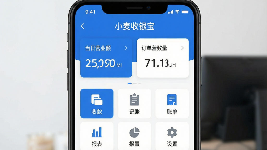 一张高清手机截图,展示小麦收银宝APP的主界面,界面设计简洁现代,顶部显示“小麦收银宝”品牌名称,中部为当日营业额数字和订单数量统计卡片,下方为功能图标网格布局,包括“收款”、“记账”、“账单”、“报表”、“设置”等按钮,整体色调以蓝色和白色为主,风格清爽,画质细腻,干净无多余元素
