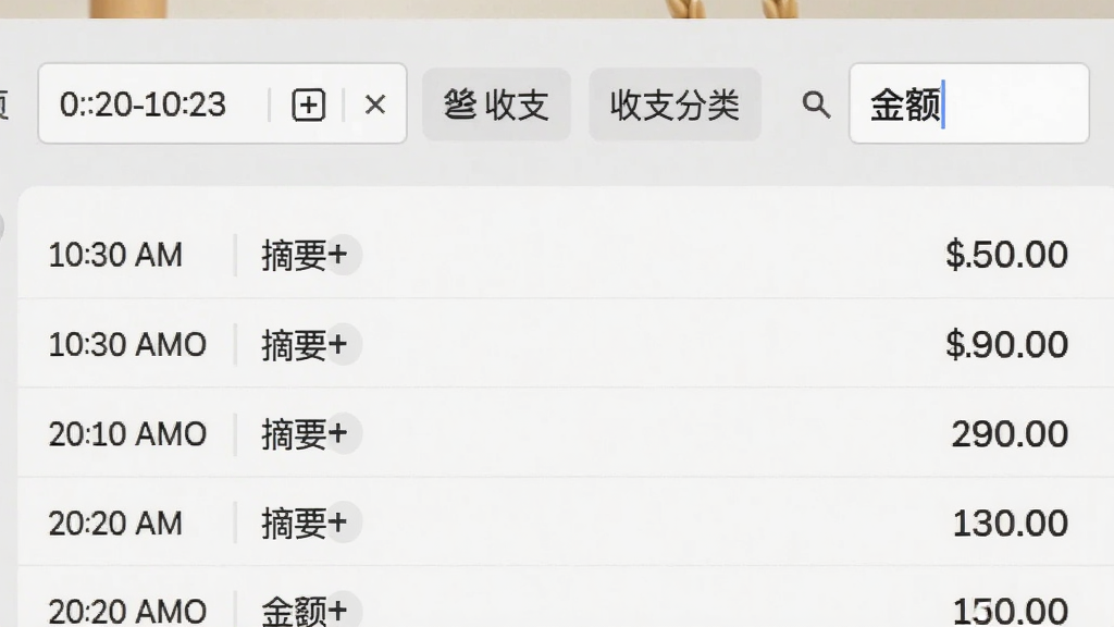一张小麦收银宝记账页面的截图,界面显示日期选择器、收支分类标签和金额输入框,下方是一列整齐的记账列表,每笔记录包含时间、摘要和金额,背景为淡雅的灰白色,突出数据清晰易读,风格简约,画质干净,无多余元素