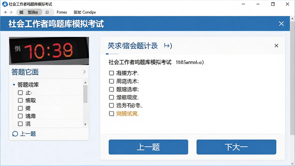��Ṥ���������ģ�⿼�Խ��棬��ʾ����ʱʱ�Ӻʹ��⿨����Ŀ����չʾ��ѡ�⣬�ײ�����һ�⡢��һ�ⰴť��������רҵ���࣬������ɫ�����ʸɾ�