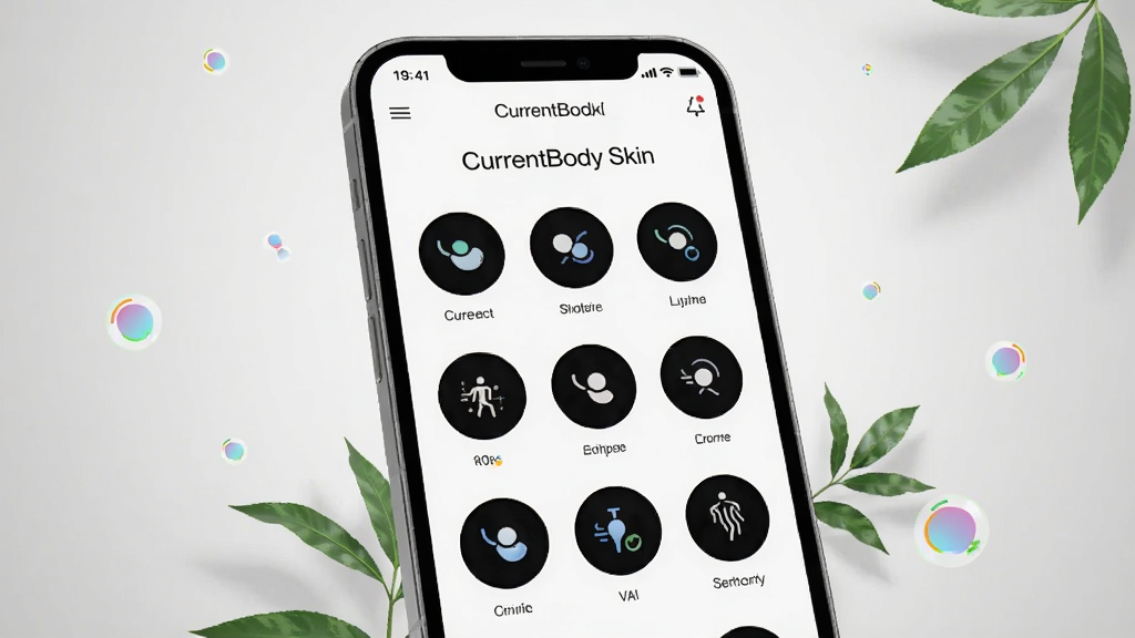 一张展示CurrentBody Skin应用界面的高清产品渲染图,主体为智能手机屏幕,屏幕上清晰显示“CurrentBody Skin”应用主界面,界面包含多种光波模式选择圆形图标。布局采用居中构图,手机微微倾斜,背景为柔和的浅灰色渐变,搭配少量绿叶作为点缀。排版简洁现代,突出科技感与护肤美学。风格为商业产品摄影,细节丰富,画质清晰干净,无多余元素。
