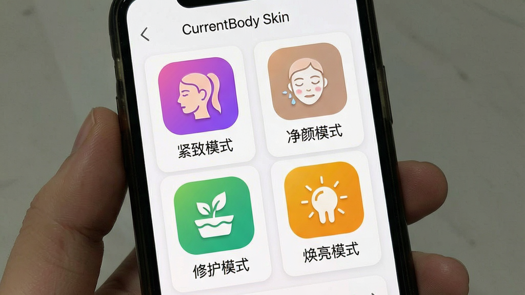 一张展示CurrentBody Skin应用预设模式选择界面的手机截图,主体为手机屏幕,屏幕上以卡片形式排列显示“紧致模式”、“净颜模式”、“修护模式”、“焕亮模式”四个彩色图标。布局为网格排列,界面背景为白色,图标色彩鲜明。风格为 UI 界面设计展示,细节清晰,画质干净,无多余元素,手机屏幕中显示“CurrentBody Skin”字样。