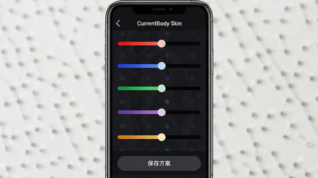一张展示CurrentBody Skin自定义护理功能界面的手机截图,主体为手机屏幕,屏幕上显示多个光波颜色调节滑块,包括红色、蓝色、绿色等,并有一个“保存方案”按钮。布局为纵向列表,背景为深色,滑块颜色鲜艳。风格为 UI 界面设计展示,细节清晰,画质干净,无多余元素,屏幕顶部显示“CurrentBody Skin”字样。