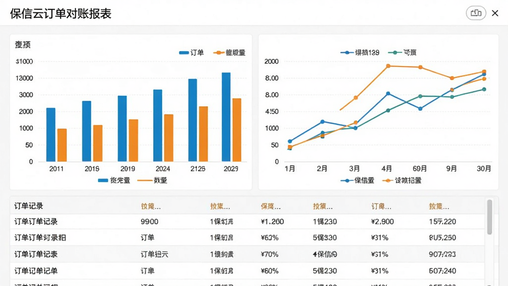 保信云订单对账报表界面,展示柱状图和折线图,图表下方有订单记录列表,界面背景为白色,图表颜色鲜艳,数据清晰,商业风格,细节丰富,画质干净,无多余元素