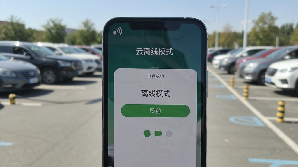 保信云离线模式示意图,展示一部手机在没有网络信号图标的情况下仍显示收费成功的界面,背景为户外停车场环境,画面清晰,手机屏幕上有“离线模式”字样,风格写实,画质干净,无多余元素