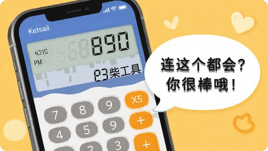 废柴工具计算器功能预览图,手机屏幕显示一个计算器界面,计算结果旁弹出对话气泡写着“连这个都会?你很棒哦!”,背景为温馨的暖黄色,整体风格活泼可爱,干净无多余元素,画质高清