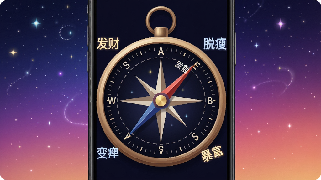 废柴工具指南针功能预览图,手机屏幕上显示一个指南针表盘,表盘周围标注着“发财”“变瘦”“脱单”“暴富”等文字,指针指向“发财”,背景为星空渐变,整体风格神秘有趣,干净无多余元素,画质高清