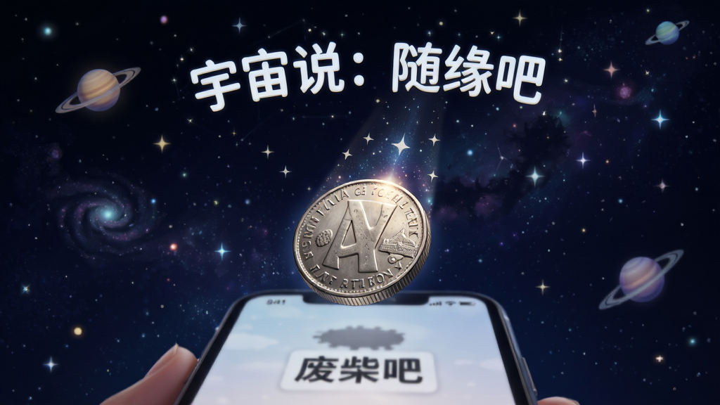 废柴工具抛硬币功能预览图,手机屏幕上一枚硬币正向上飘向星空,顶端写着“宇宙说:随缘吧”,背景为深邃的宇宙星空,整体风格梦幻搞笑,干净无多余元素,画质高清