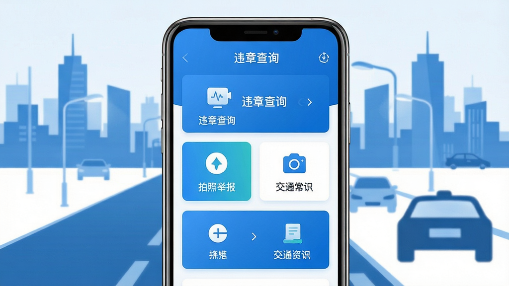 交通违章查询软件主界面展示,手机屏幕内显示违章查询、拍照举报、交通常识等核心功能模块,背景为城市道路与车辆剪影,整体风格现代简洁,UI布局清晰,色彩以蓝色和白色为主,画质高清干净,无多余元素