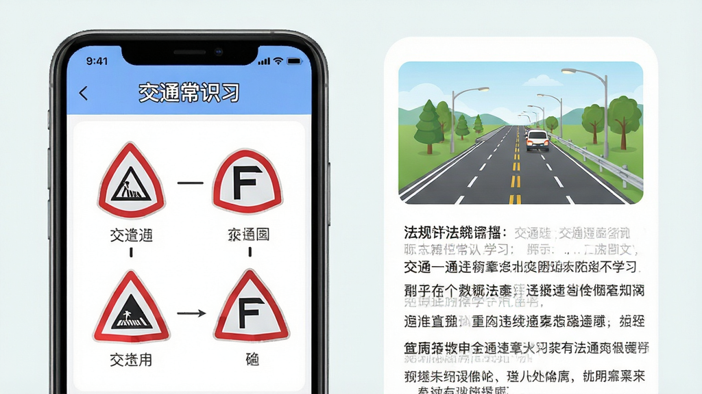 交通违章查询软件交通常识学习页面,展示交通标志图解和法规条文,手机界面风格简洁清晰,配以道路实景插图,色调柔和,画质干净,无多余元素