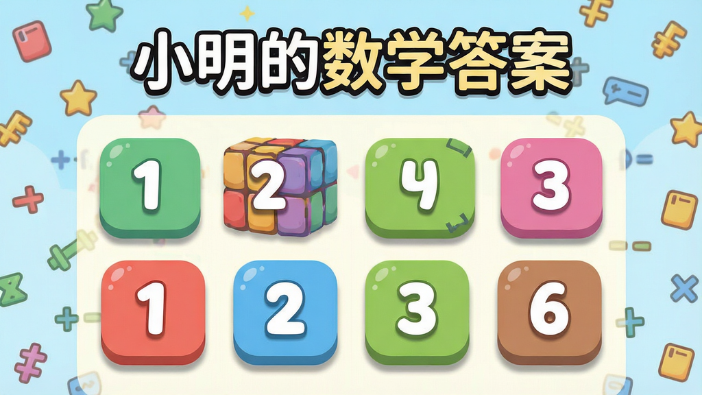 主体:游戏主界面,显示“小明的数学答案”标题和数字方块;布局:居中构图,上方标题,下方排列数字按钮;排版:清晰简洁,数字醒目;风格:扁平化卡通风格,色彩明快;细节:按钮有圆角阴影,背景有数学符号装饰;画质:高清,干净,无多余元素。