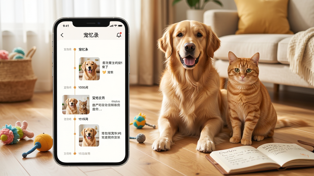画面以一只金毛犬和一只橘猫并排坐在木质地板上的温馨客厅为背景,旁边散落着宠物玩具和一本打开的日记本,主体为手机屏幕特写,屏幕中显示“宠忆录”App的时间轴界面,配有宠物照片和文字记录。整体风格明亮温暖,采用自然光摄影质感,构图平衡,画面干净,高清画质,无多余元素。