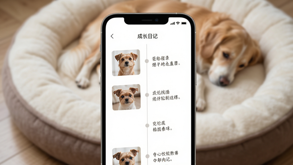 宠忆录App的“成长日记”功能界面特写,背景为模糊的宠物垫,主体是手机屏幕,屏幕中展示纵向时间轴,每个节点配有宠物照片和简短文字说明,界面简洁清爽。采用浅色极简风格,细节丰富,画质干净,无多余元素。