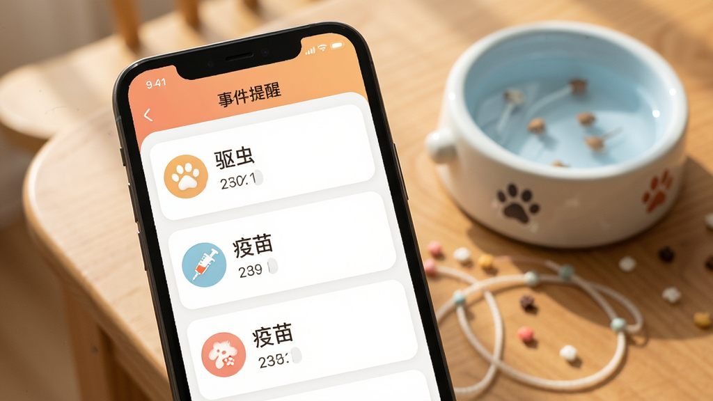 宠忆录App的“事件提醒”界面,手机屏幕中显示一排排提醒卡片,包含图标和日期,如“驱虫”、“疫苗”等,背景为木桌和宠物水碗。风格温馨,布局合理,画质干净,无多余元素。