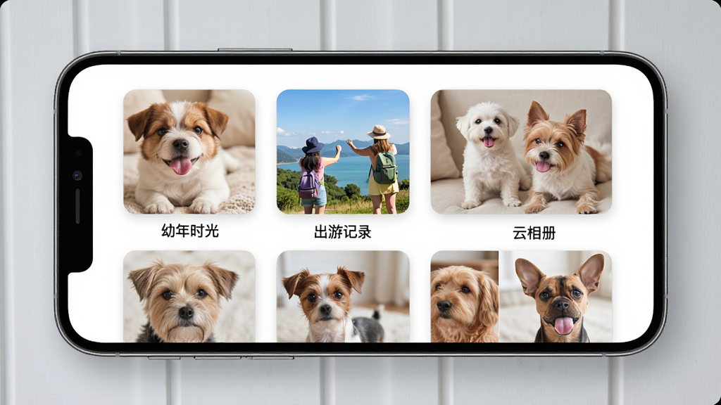 宠忆录App的“云相册”界面,手机屏幕中显示多个分类相册封面,如“幼年时光”、“出游记录”等,每张封面都是可爱的宠物照片,背景为淡雅的浅灰色墙面。布局整齐,风格清新,细节锐利,画质干净,无多余元素。