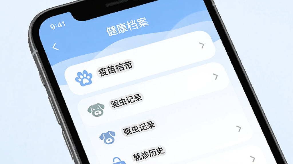 宠忆录App的“健康档案”功能界面,手机屏幕中显示疫苗记录、驱虫记录、就诊历史等条目,并配有简单的图标,背景为柔和的蓝白色调。风格专业简洁,信息层级分明,画质干净,无多余元素。
