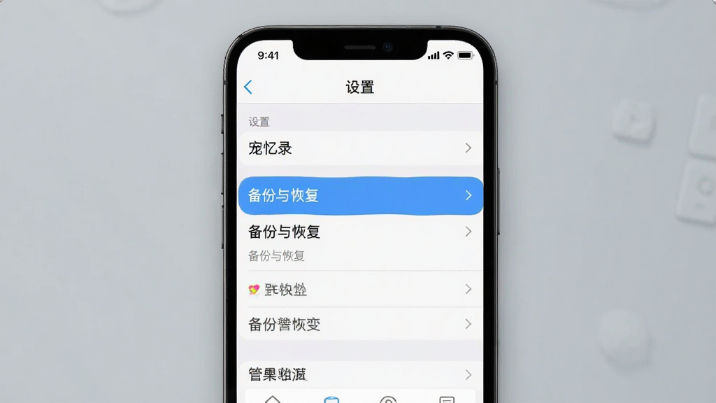 一张手机截图展示宠忆录应用的“设置”页面,其中“备份与恢复”选项被突出显示,背景为简洁的纯色桌面。画质清晰,布局整洁,无多余元素。