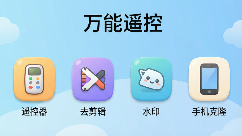 一张展示万能遥控软件主界面的截图,界面顶部有“万能遥控”字样,下方排列着“遥控器”、“去剪辑”、“水印”、“手机克隆”四个功能图标,背景为浅蓝色渐变,整体风格简洁明亮,图标圆润可爱,画质高清,干净无多余元素