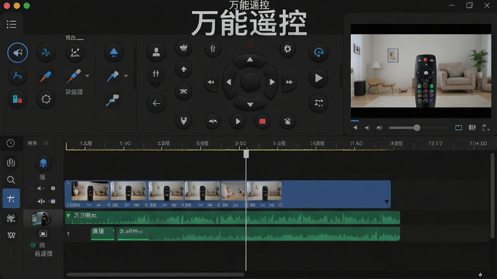 一张万能遥控软件的视频剪辑界面截图,显示时间轴、剪辑工具条和预览窗口,界面以深色为主题,功能按钮标识清楚,上方有“万能遥控”字样,画质高清,干净无多余元素