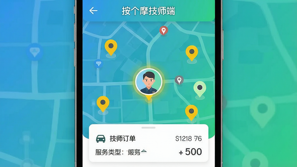 主体:手机地图界面展示技师当前位置与附近订单标记,地图上方有“按个摩技师端”字样。布局:地图占满全屏,底部弹出订单卡片。排版:信息层级分明,订单卡片显示距离、服务类型和价格。风格:扁平化设计,配色清新(蓝绿渐变)。细节:地图上有多个黄色订单点,其中一个高亮显示,技师头像在中心。画质:干净,无多余元素。