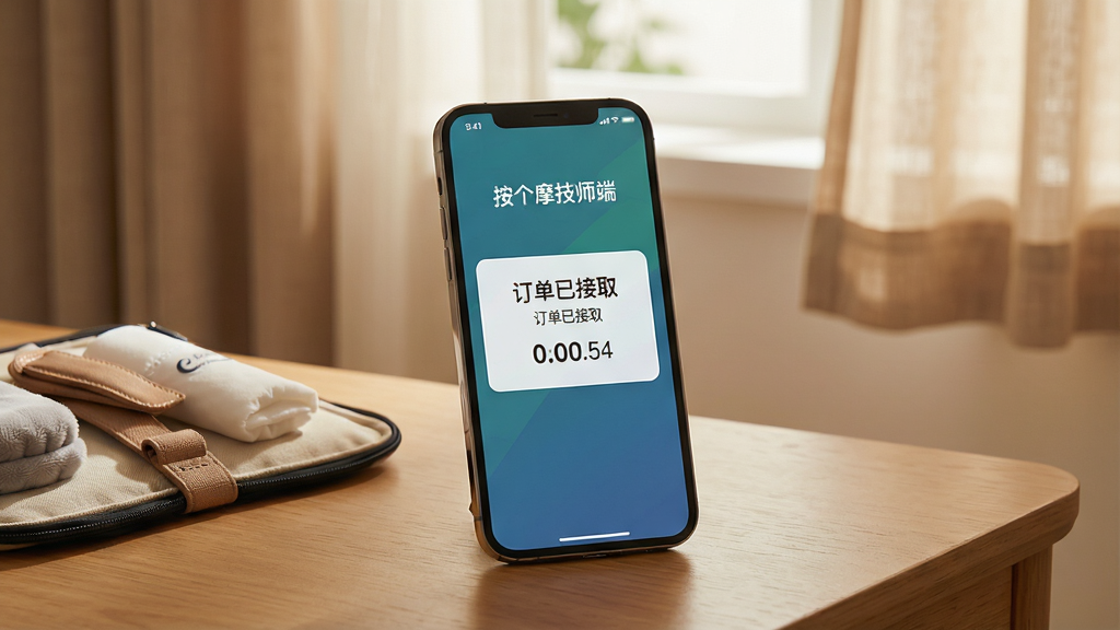 主体:一部智能手机斜放在桌面上,屏幕显示“按个摩技师端”的接单成功提示,背景是温馨的居家环境。布局:手机居中,屏幕内容清晰可见。排版:提示框突出,有“订单已接取”字样和倒计时。风格:写实摄影,暖色调,光线自然。细节:手机旁边有按摩工具包,窗帘半掩。画质:高清,干净,无多余元素。