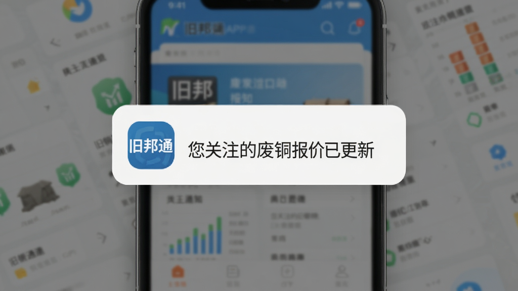 旧邦通APP的智能推送通知界面,手机屏幕中央显示一条推送消息,内容为“您关注的废铜报价已更新”,背景为模糊的APP首页,推送卡片为白色圆角设计,带有“旧邦通”logo图标,整体风格清爽,画质细腻,无多余元素