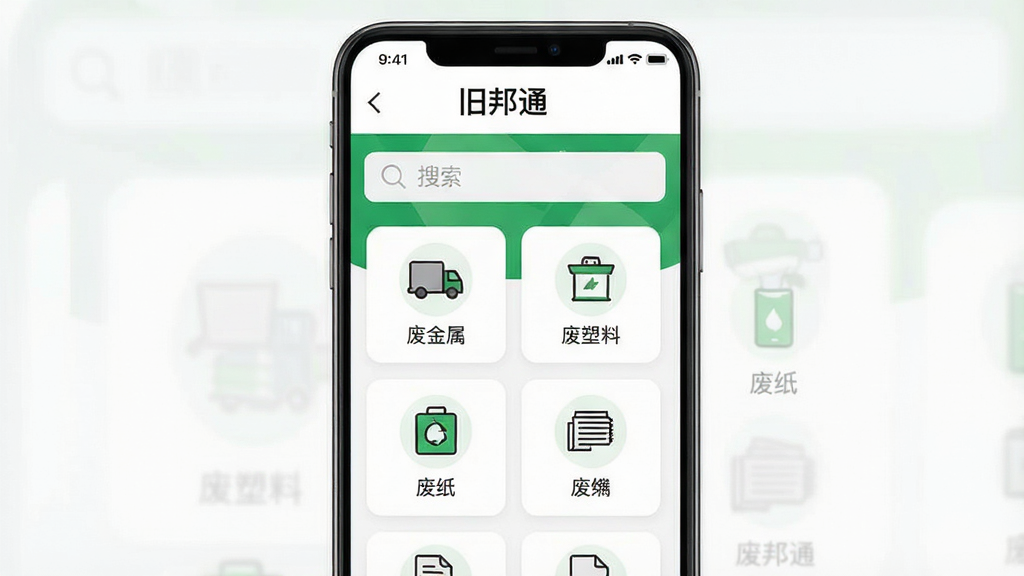 一张展示旧邦通APP界面的高清手机截图,主体为APP首页,顶部显示“旧邦通”品牌名称和搜索栏,下方分类图标排列整齐,包括废金属、废塑料、废纸等,背景为简洁的白色与绿色相间,整体布局清晰,风格现代,画质干净,无多余元素