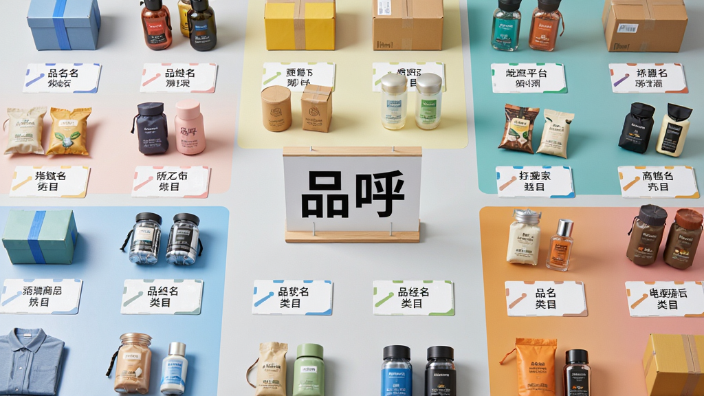 主体:品呼平台供应链商品展示,各类商品实物整齐排列。布局:俯拍视角,商品按类目分区摆放,形成色彩丰富的网格状。排版:每个商品旁边配有简洁的标签卡,标明品名与类目,画面充实有序。风格:商业摄影风格,明亮清晰。细节:画面中央放置一块立牌,上面写有“品呼”字样,背景为干净的浅灰色摄影棚,光线柔和,商品细节丰富,高分辨率,电商供应链展示图。