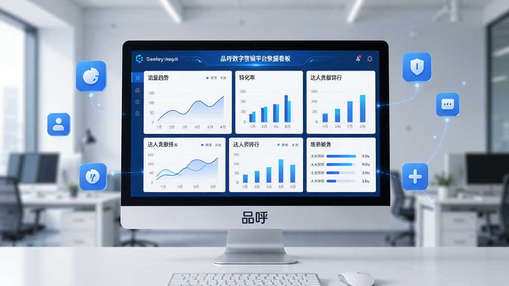 主体:品呼数字营销平台数据看板,大屏幕展示营销效果数据图表。布局:画面中央为电脑显示器,屏幕内展示流量趋势、转化率、达人贡献排行等图表,周围点缀漂浮的图标元素。排版:数据图表清晰可读,配色以蓝白为主,科技感强。风格:商务科技风,精致细腻。细节:显示器侧面有“品呼”品牌LOGO,背景为虚化的办公场景,整体画面干净专业,高分辨率,数字营销概念图。