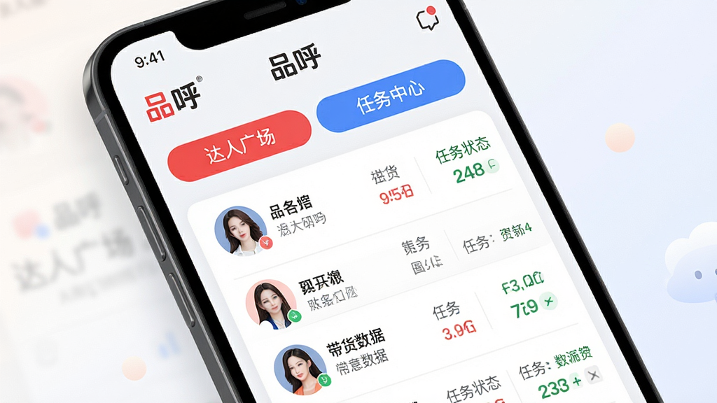 主体:品呼平台达人管理界面,手机端展示达人列表与任务进度。布局:手机屏幕特写,界面清晰显示达人头像、名称、带货数据、任务状态等。排版:列表式布局,信息层级分明,红蓝色调搭配。风格:现代APP界面设计,简洁易用。细节:屏幕上方有“品呼”品牌标识,界面中突出“达人广场”“任务中心”等标签,背景为浅色渐变,画面干净,高分辨率,APP界面截图风格。