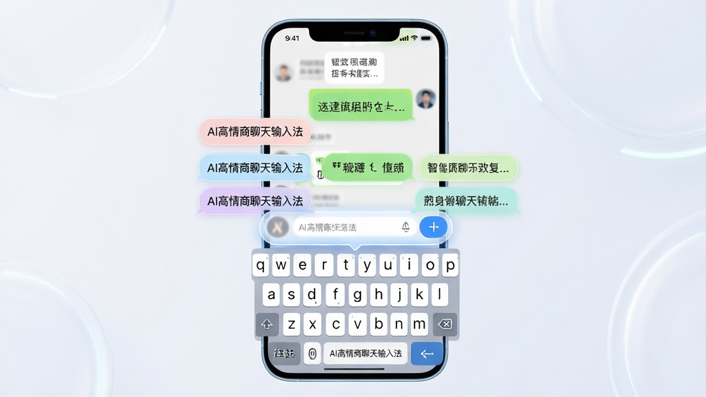 主体:一部智能手机屏幕显示聊天界面,下方悬浮着AI高情商聊天输入法的键盘,键盘上方弹出多条智能回复建议气泡。布局:手机居中,屏幕内容清晰可见,键盘区域高亮,回复建议气泡排列整齐。排版:画面简洁,突出手机屏幕与AI交互界面。风格:现代科技感,界面清爽明亮,色彩柔和。细节:键盘上标有“AI高情商聊天输入法”字样,回复气泡包含不同语气风格的文本。画质:4K超高清,干净,无多余元素。