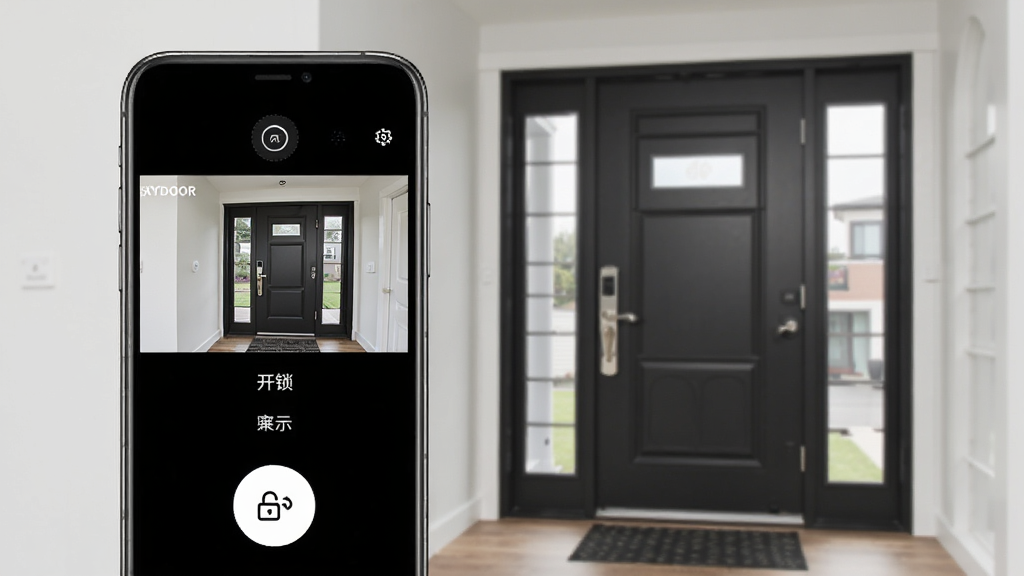 SKYDOOR应用远程开锁功能演示图,手机界面显示门铃视频画面,下方有开锁按钮图标,背景为现代家居门口,画面清晰,界面布局合理,强调远程控制与安全监控,画质干净无多余元素
