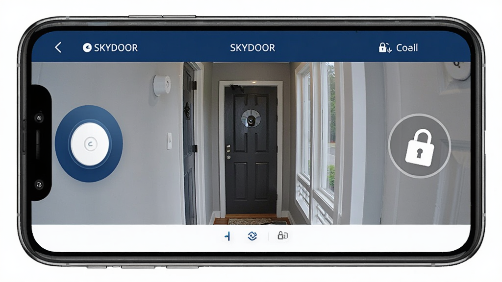 SKYDOOR智能可视门铃应用主界面展示,手机屏幕中显示实时监控画面,画面中有清晰的门口走廊场景,门铃按钮与远程开锁图标醒目,整体界面简洁现代,采用深蓝色与白色搭配,科技感强,画质清晰,干净无多余元素